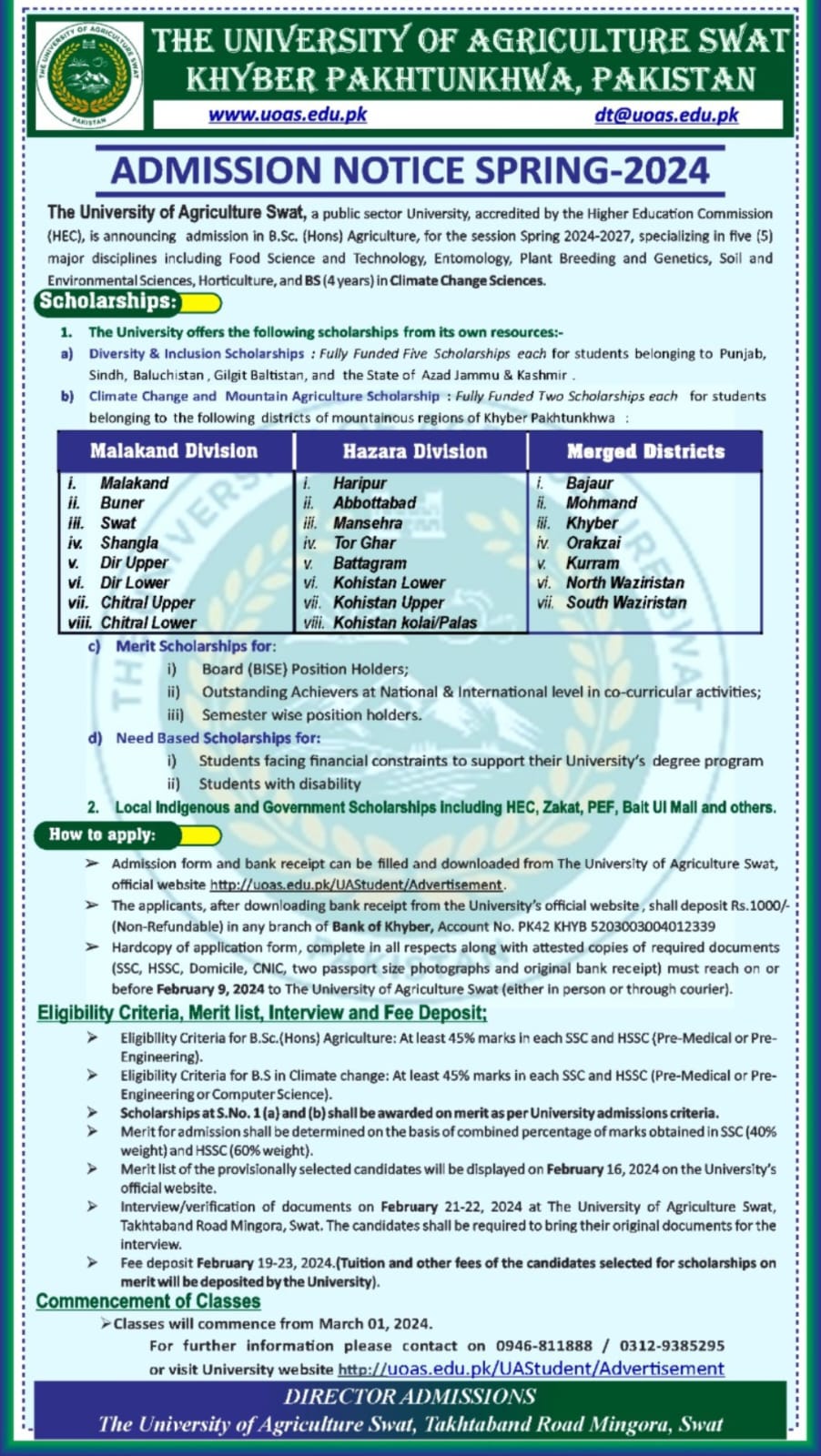 University Of Agriculture, Swat Spring Admission