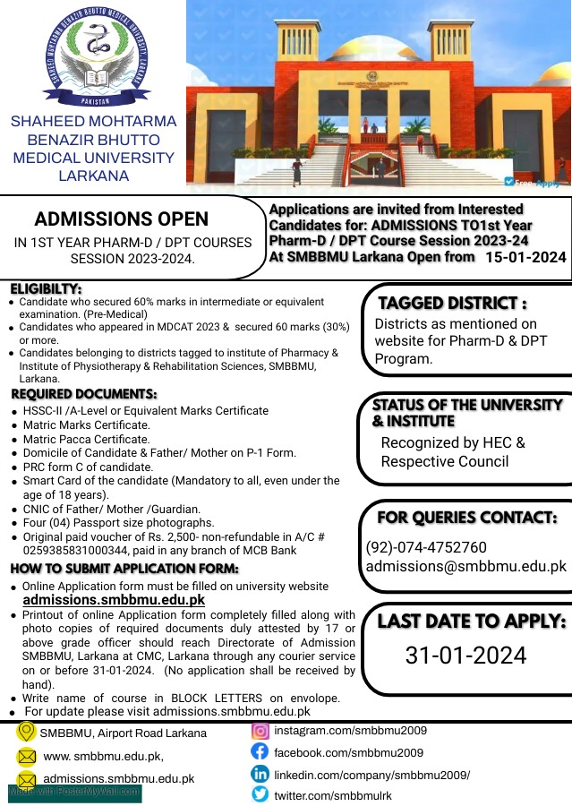 SMBB Medical University PharmD, DPT, BS Nursing Admission