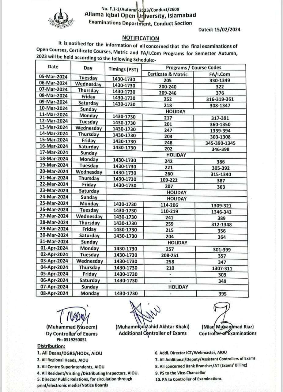 AIOU Matric, FA, I. Com Date Sheet Autumn Semester 2024