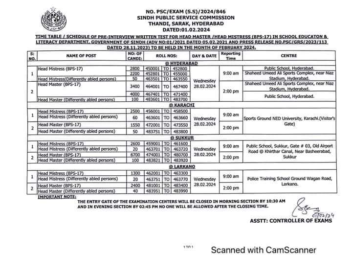 SPSC SST Test Schedule Date Sheet