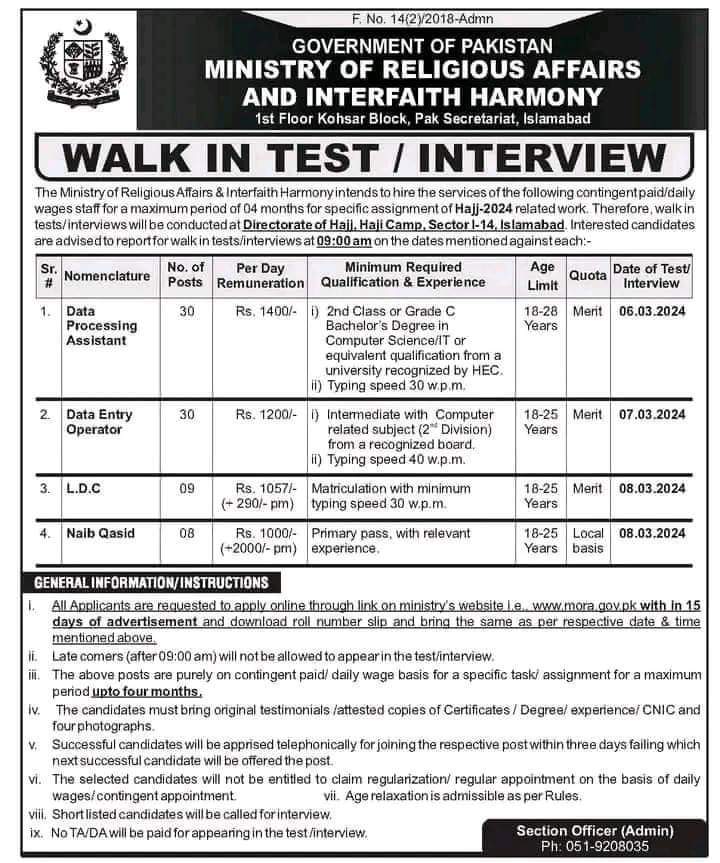 Ministry Of Religious Affairs MORA New Jobs