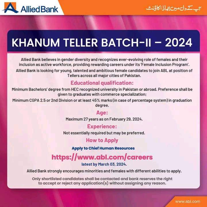 Allied Bank Khanum Teller Jobs