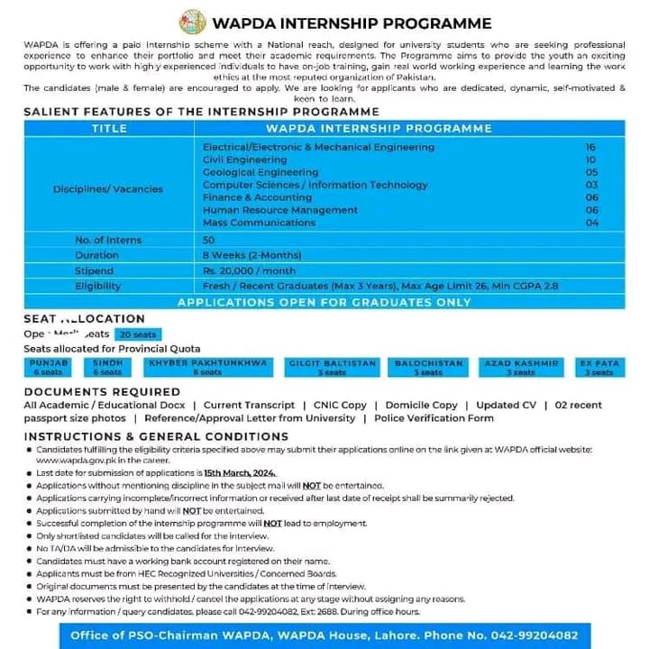 WAPDA Internship Program 2024 – Apply Online, Eligibility