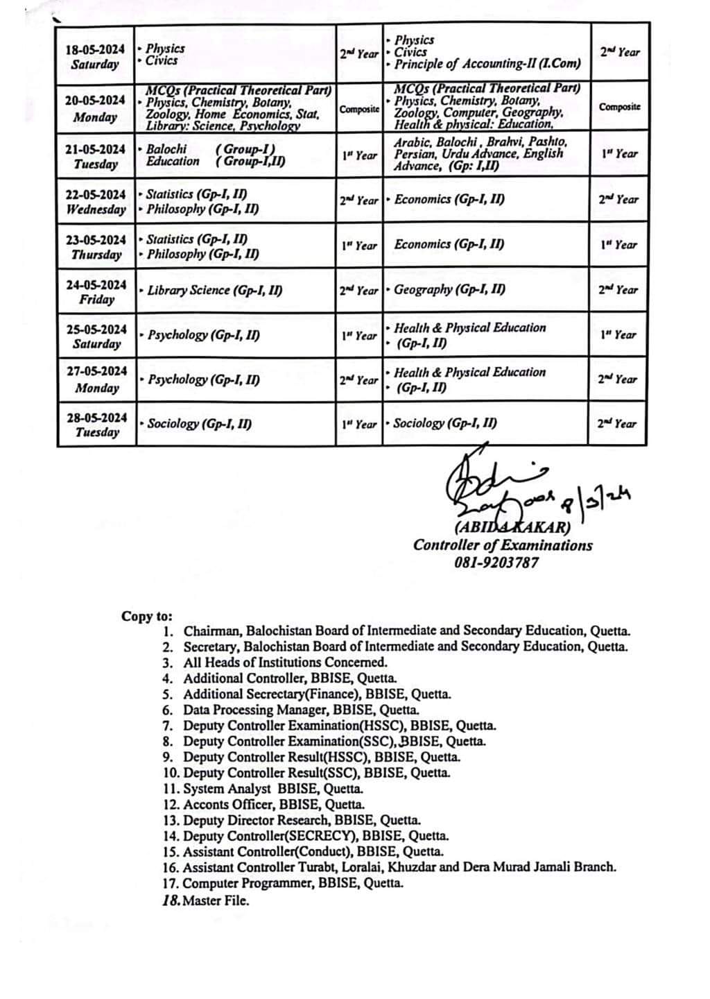 BISE Balochistan Board Inter Class 11,12 Date Sheet 2024